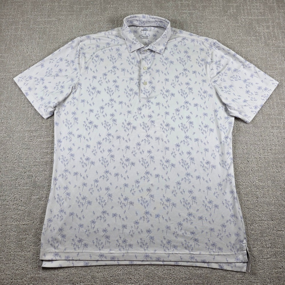 Johnnie-O Mens White Purple Flamingo Palm Tree Performance Polo Shirt Large